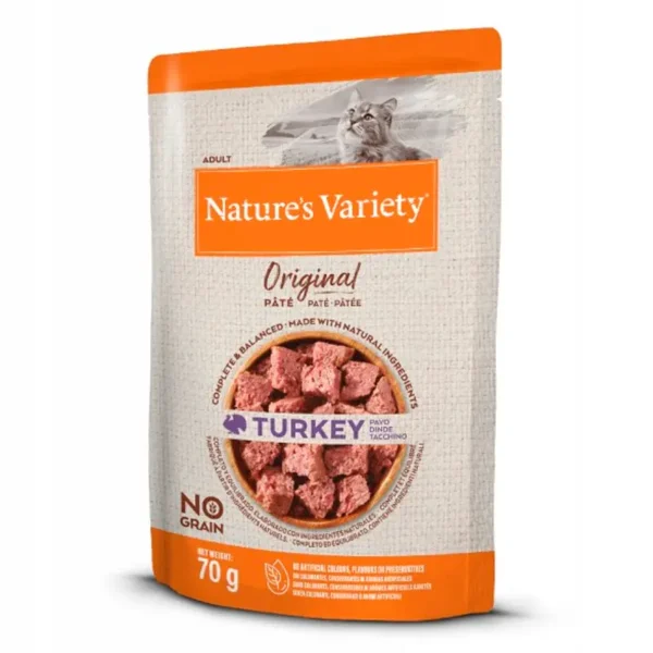 Comida para gatos adultos nature's variety feline original pavo 12x70gr - nutrición natural