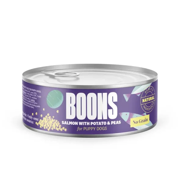 Comida para cachorros boons: salmón, patata y guisantes en lata 10x185g