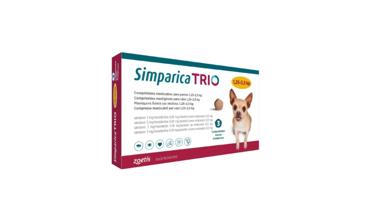 Simparica Trio 1,5-2,5 kg – Antiparasitario para Perros | Pulgas, Garrapatas, Lombrices y Gusano del Corazón | Caja 3 Comprimidos Masticables