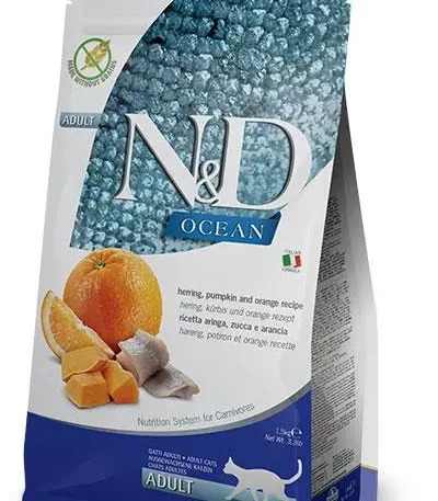 Farmina nd cat ocean pumpkin arenque 1.5kg - alimento seco sin cereales para gatos adultos con calabaza y pescado