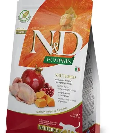Farmina nd cat pumpkin neutered quail 5kg - grain-free adult sterilized cat food with quail and pumpkin