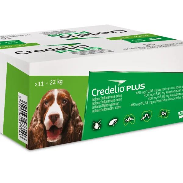 CREDELIO PLUS PERRO 450MG 11-22KG 18 Comprimidos – Antiparasitario Oral de Amplio Espectro, Pulgas, Garrapatas y Parásitos Internos