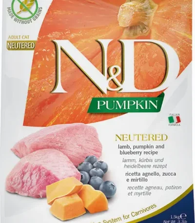 Farmina nd cat pumpkin neutered cordero arándano 1.5kg - alimento seco saludable para gatos