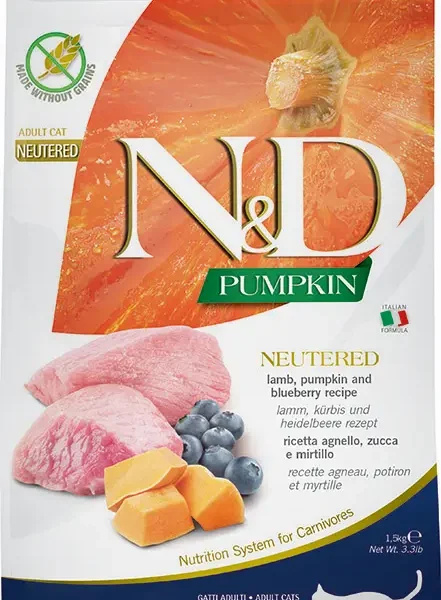 Farmina nd cat pumpkin neutered cordero arándano 1.5kg - alimento seco saludable para gatos